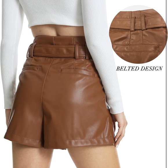 High Waist Brown Faux Leather Shorts - Picture 4 of 9